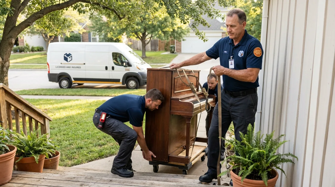 Licensed piano movers securing grand piano in Beaverton, OR