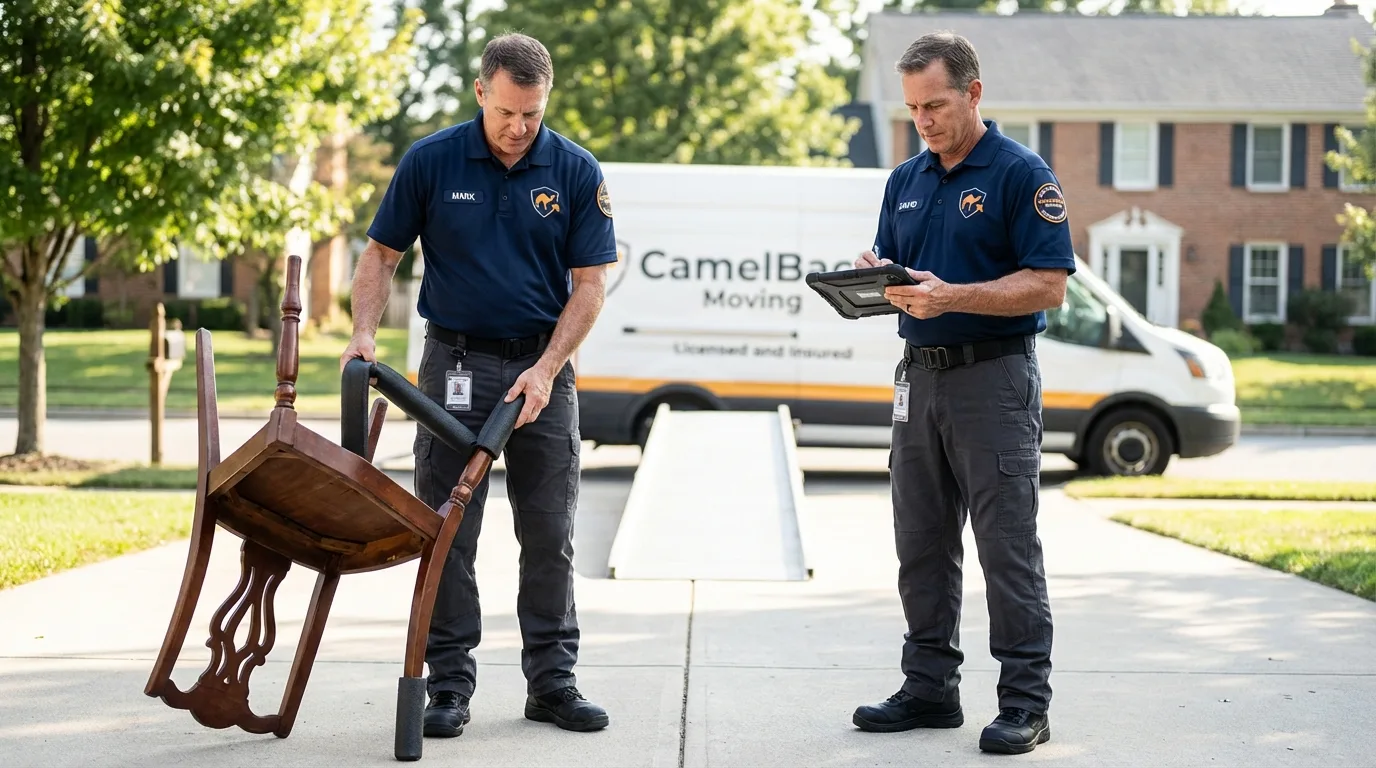 Movers inspecting furniture for damage prevention before loading in Beaverton, OR