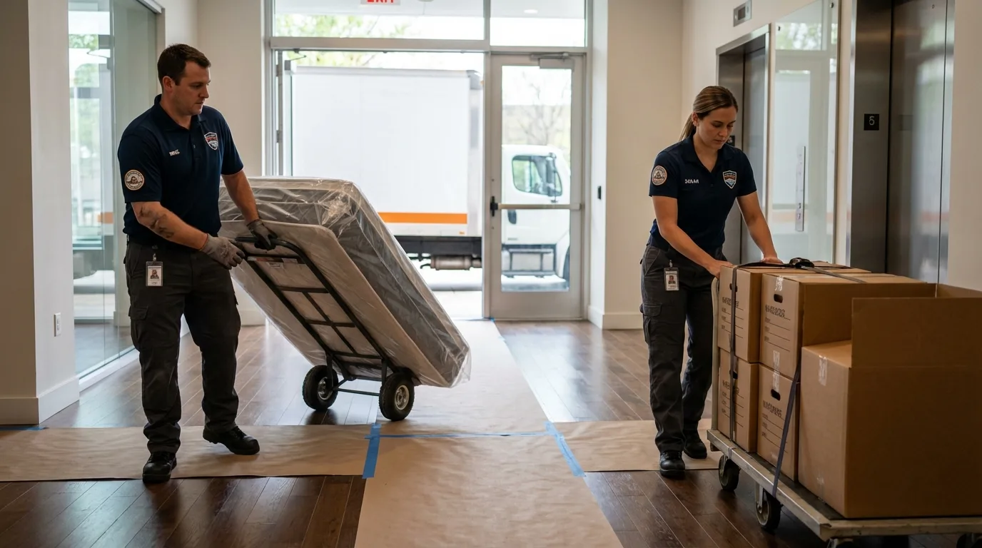 Professional apartment movers loading elevator in Beaverton, OR