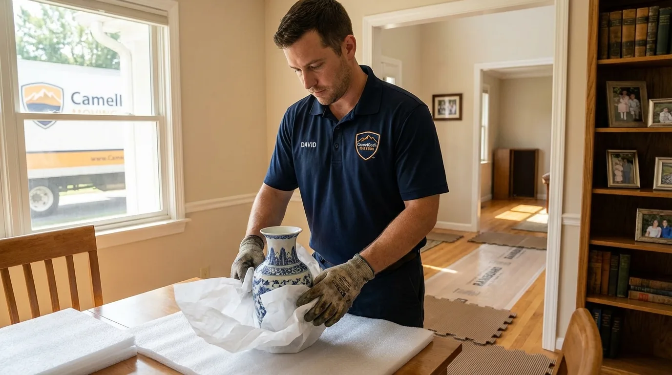 Professional crew carefully wrapping antique vase for senior downsizing move in Beaverton, OR